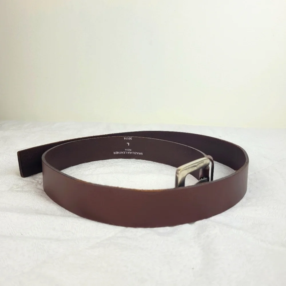 Brazilian espresso brown leather belt silver buckle minimalist classic artsy L